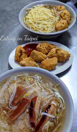 Squid noodle soup, deep fried dish, and fish noodle soup